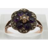 Victorian gold ring set with a central pearl, foiled amethyst and diamonds, 3g, size K