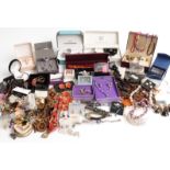 A collection of costume jewellery including earrings, watches, brooches, beads etc
