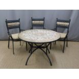 Tile top garden table and six chairs, D110 x H73cm