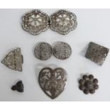 Victorian hallmarked silver heart shaped brooch, Chinese silver belt buckle, silver buckle parts,