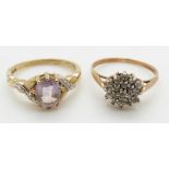 A 9ct gold ring set with an amethyst and diamonds and a 9ct gold cluster ring, 4.6g