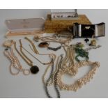 A collection of costume jewellery including brooches, vintage earrings, Lotus pearls etc
