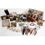 A collection of costume jewellery including brooches, watches, Sekonda watch, Miracle cufflinks,
