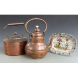 Two copper kettles, one stamped Brevette GP and a Masons Oriental patterned dish