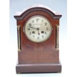 Inlaid mahogany mantel clock, Camerer Cuss and Co, Oxford St. London to silvered Arabic dial, the