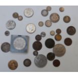 A collection of UK coinage, includes 39g of pre-1920 silver, George III etc, sundry overseas 19thC