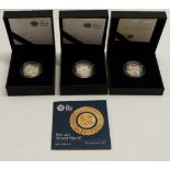 Royal Mint cased silver proof £1 coins comprising Cardiff, London and 'The Last Round Pound', with