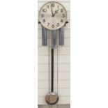German made mid 20thC caseless wall clock with three chromium plated weights, matching pendulum