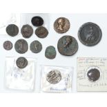 A small collection of Roman coins, cartwheel penny etc in Jerusalem olive wood box