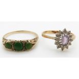 Two 9ct gold rings, one set with an amethyst and diamonds, 5g