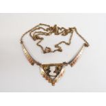 Art Deco gold plated Egyptian Revival necklace set with a cameo, 23cm drop