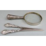 Hallmarked silver handled magnifying glass, London 1921, length 19.5cm and a pair of hallmarked