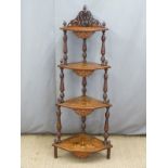 Victorian inlaid walnut four tier corner whatnot, H145cm