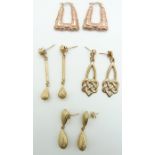 Four pairs of 9ct gold earrings, 6.1g