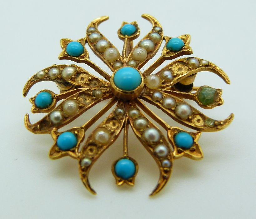 Edwardian pendant/ brooch set with seed pearls and turquoise - Image 2 of 2