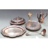 A quantity of silver plate to include salver raised on ball and claw feet, diameter 26cm,