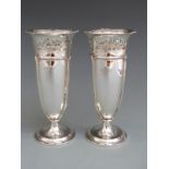 Pair of Mappin & Webb George V hallmarked silver vases with pierced decoration and panelled Art