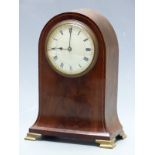French late Victorian mantel clock in inlaid flame mahogany arch topped case with flared base,