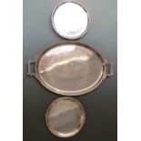 Large twin-handled plated tray, length 65cm, circular salver raised on three feet and a plain
