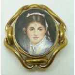 Victorian pinchbeck brooch with portrait miniature by Wendy White 1999 (Ex Royal Worcester painter),