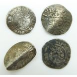 Four various Edward hammered silver pennies, London mint etc