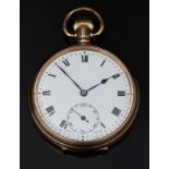 Gold plated keyless winding open faced pocket watch with inset subsidiary seconds dial, blued hands,