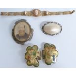 A filigree bracelet set with cameos, a mother of pearl buckle, mother of pearl brooch and a portrait