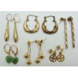 Three pairs of 9ct gold earrings (4.2g), a pair of jadeite earrings and two pairs of silver gilt