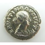 Roman silver Denarius Faustina II draped bust with braided hair and beads around bun, reverse