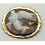 Victorian gold brooch set with an unusual scene of an angel and cherubs, 4.3 x 3.3cm