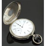 English hallmarked silver keyless winding half hunter pocket watch with blued hands, black Roman