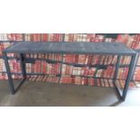 Industrial/haberdashery/shopfitting steel and plank topped narrow trestle style table, W 175 x D