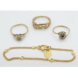 Two 9ct gold rings and a 9ct gold ring set with a diamond, 4.9g, and a bracelet