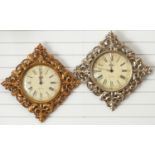 Two Newgate wall clocks with scrolling gilt frames and 30cm dials