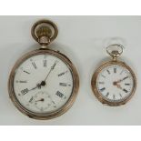 Two continental white metal keyless winding open faced pocket watches both with white enamel