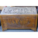 A carved oriental camphorwood trunk, W100 x D50 x H57cm