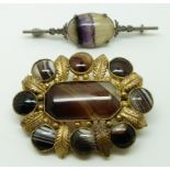 Victorian pinchbeck brooch set with agate and another brooch set with blue john