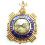 9ct gold brooch/ medallion set with enamel reading 'Perak St Andrew Society 1931' verso engraved 'Dr