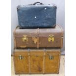 Two ash bound trunks and a suitcase, largest W93 x D53 x H53cm