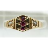Victorian hallmarked 15ct gold ring set with rubies and seed pearls, Birmingham 1873, in original