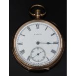 Elgin gold plated open faced pocket watch with inset subsidiary seconds dial, blued hand, black