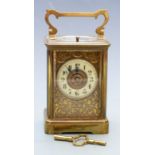 Late 19th/early 20thC brass carriage clock with half hourly repeater mechanism, Arabic ivory