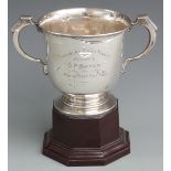 George V hallmarked silver twin handled trophy engraved "Thornbury Xmas Market presented by G.P.