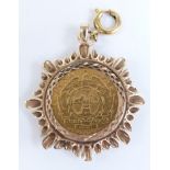 1898 gold 1 Pond in 9ct gold pendant mount with suspension loop (unmarked), 12.09g all in