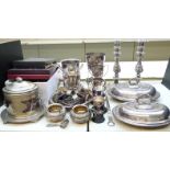 Large collection of plated ware including loose and boxed cutlery, trophy cups, biscuit barrel, wine