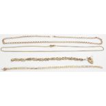 A 9ct gold belcher chain, 9ct gold bracelet, 9ct gold chain and 9ct gold gate bracelet, 9.9g