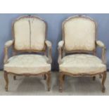 Pair of French upholstered shabby chic armchairs, H100 x W62cm