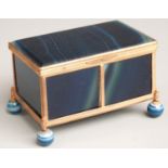 Early 20th century blue agate and gilt metal jewellery box raised on four turned ball feet, width