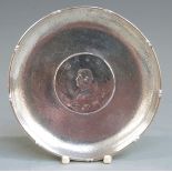 Chinese white metal coin inset pin tray with maker's mark H.C, diameter 9.5cm, weight 68g