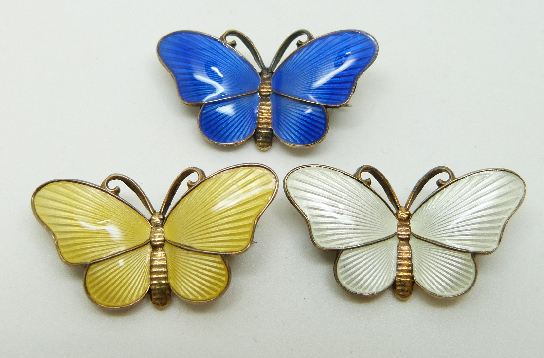 Three Norwegian silver and enamel  butterfly brooches, 2.5 x 1.5cm
